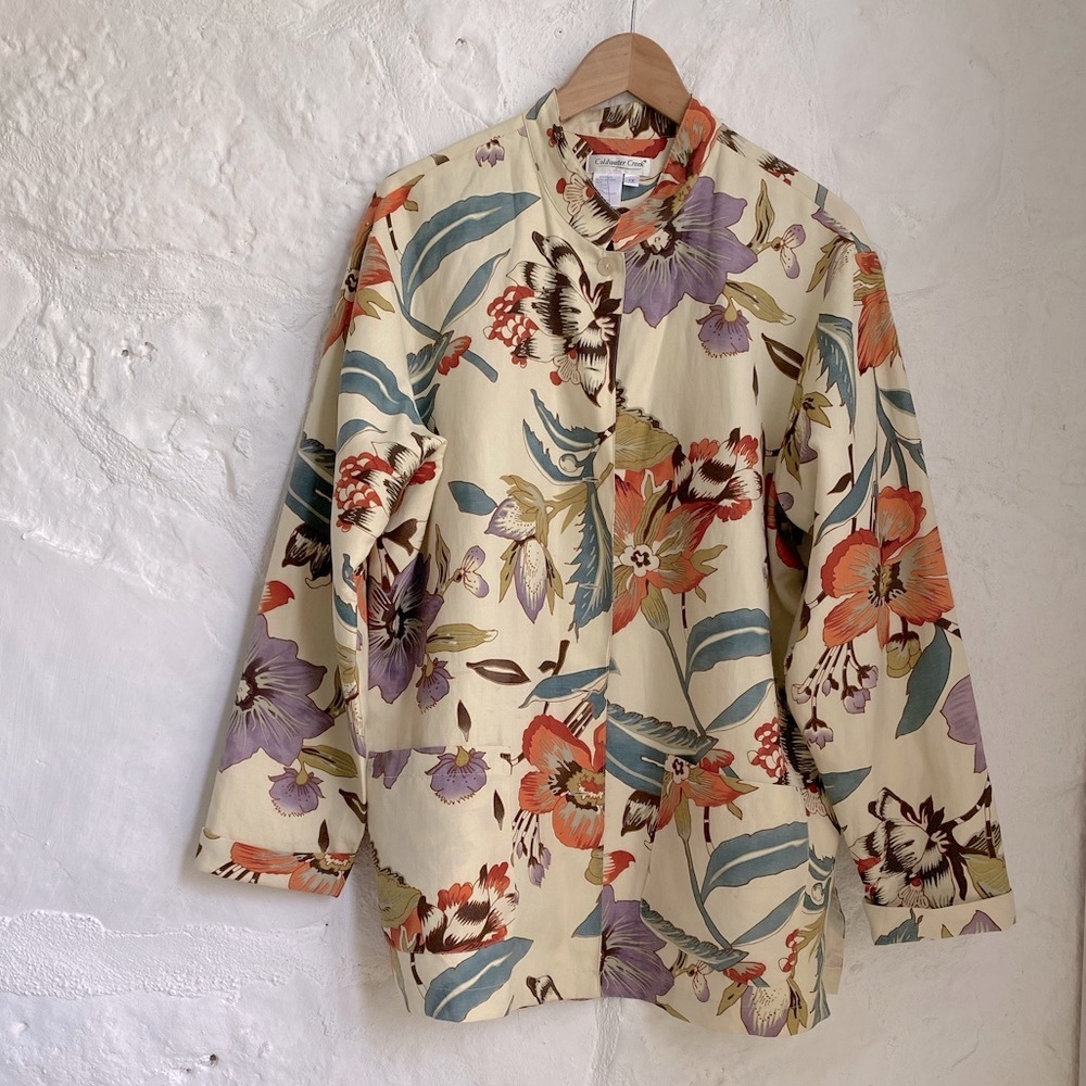 Bold floral print silk blend mock-neck jacket